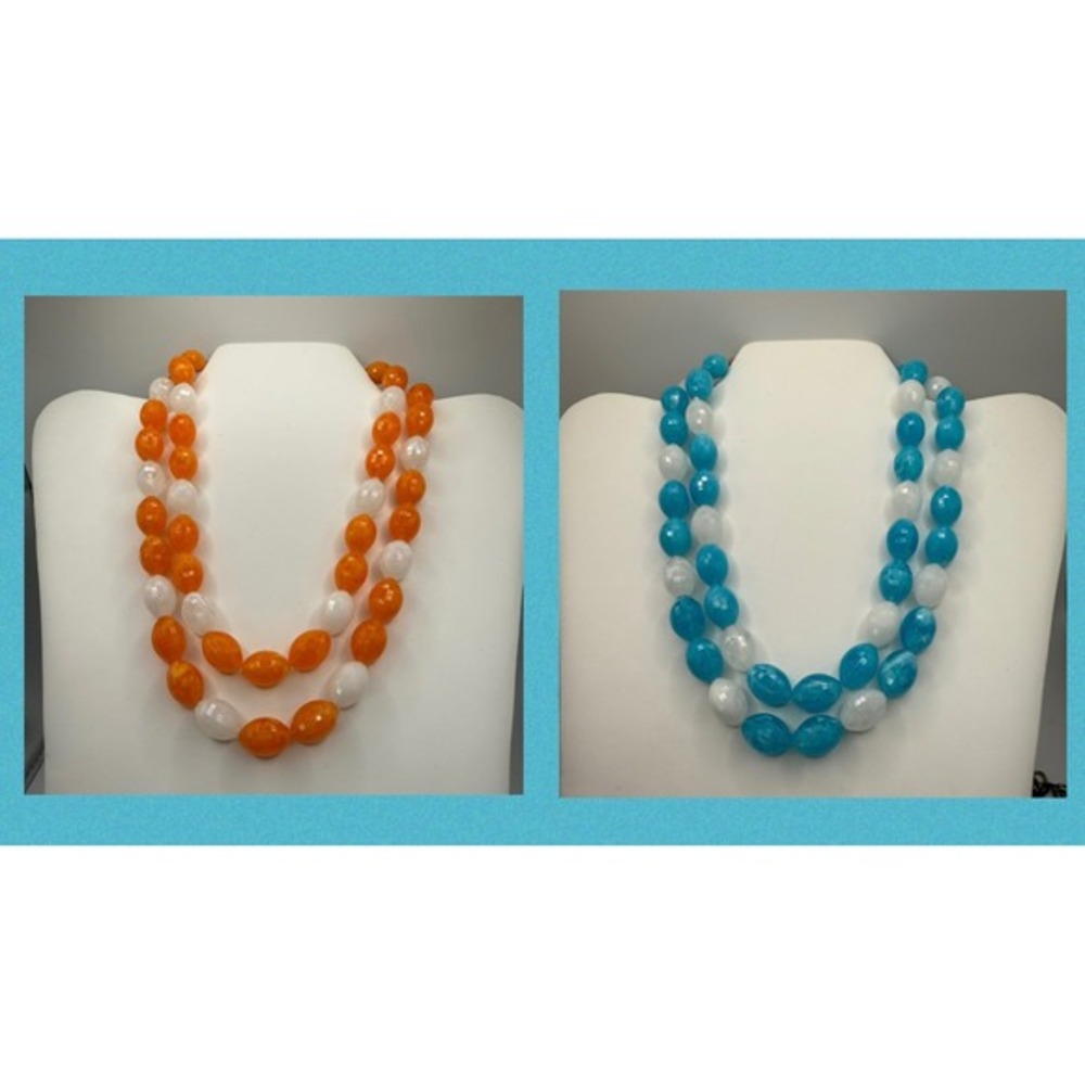 Vintage Style Double Strand Beaded Necklaces Orange Blue White Marbled Lot of 2
